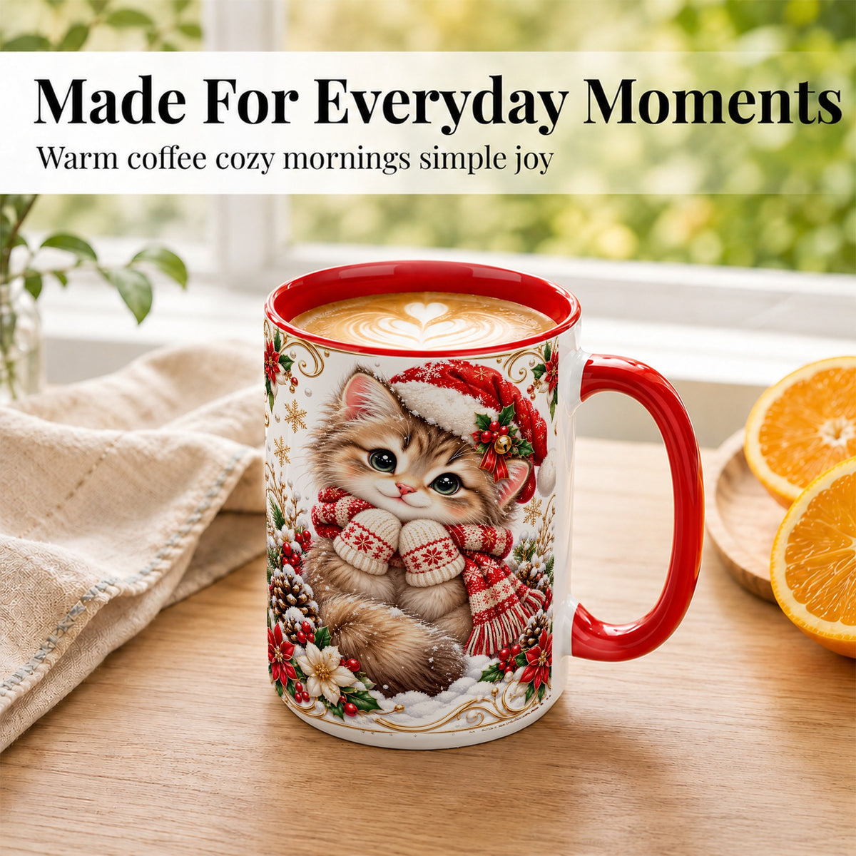 #pl[15oz|Red] Santa Hat Kitten Coffee Mug, Christmas Cat Mug, Ceramic Cup