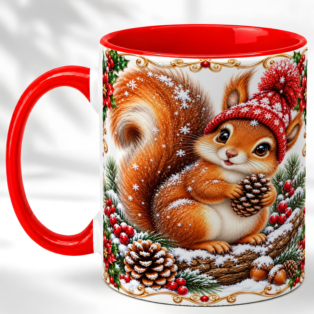 Christmas Squirrel Coffee Mug, Cute Woodland Animal Mug, Ceramic Cup