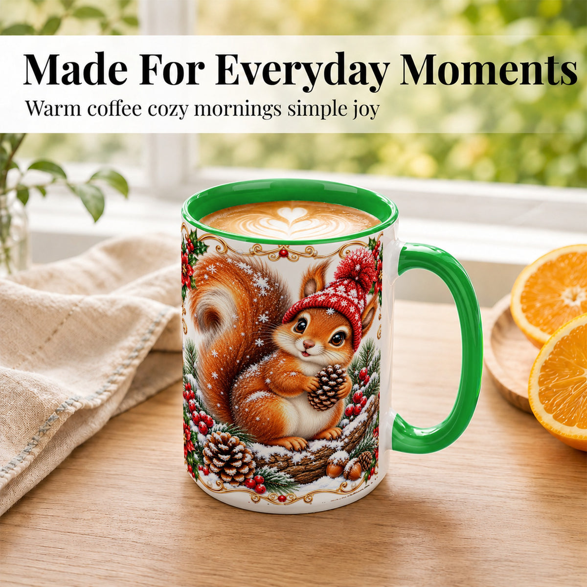 #pl[15oz|Green] Christmas Squirrel Coffee Mug, Cute Woodland Animal Mug, Ceramic Cup
