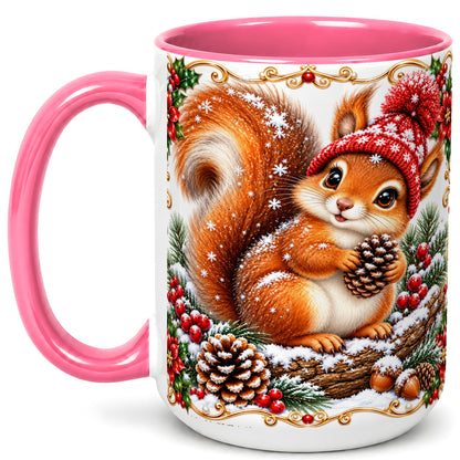 #pl[15oz|Pink] Christmas Squirrel Coffee Mug, Cute Woodland Animal Mug, Ceramic Cup