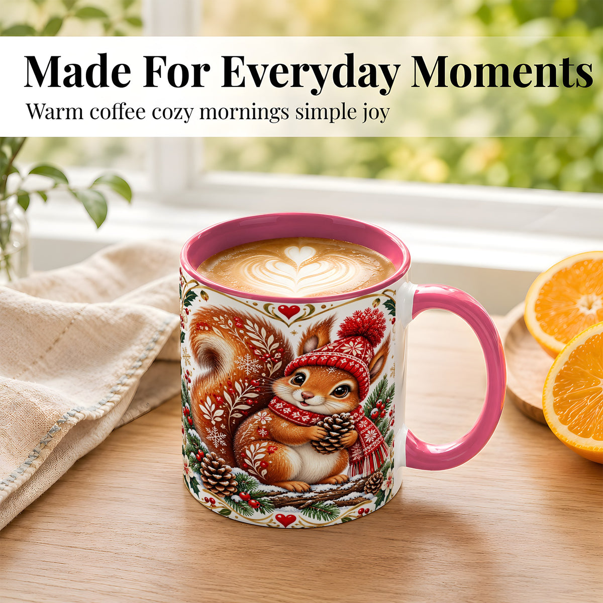 #pl[11oz|Pink] Christmas Squirrel Coffee Mug, Woodland Winter Mug, Ceramic Cup