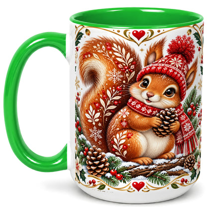 #pl[15oz|Green] Christmas Squirrel Coffee Mug, Woodland Winter Mug, Ceramic Cup