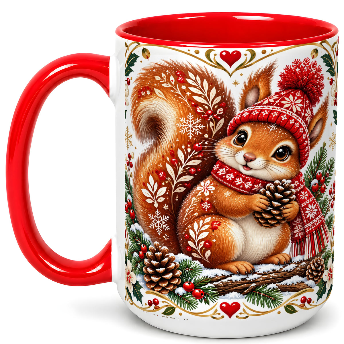 #pl[15oz|Red] Christmas Squirrel Coffee Mug, Woodland Winter Mug, Ceramic Cup