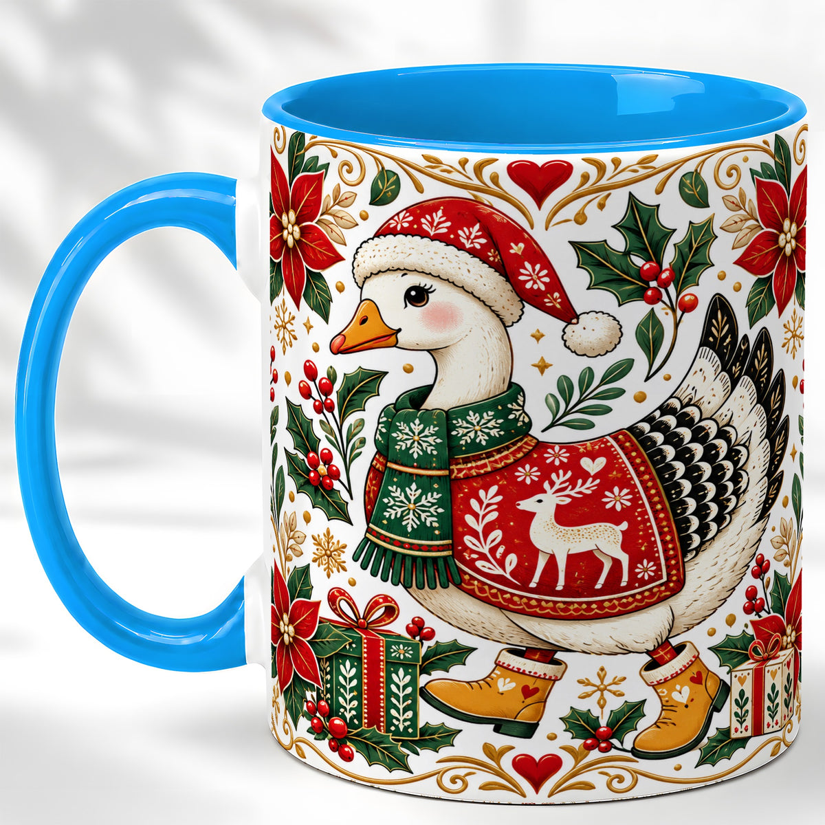 #pl[11oz|Blue] Christmas Goose Coffee Mug, Festive Farm Animal Mug, Ceramic Cup