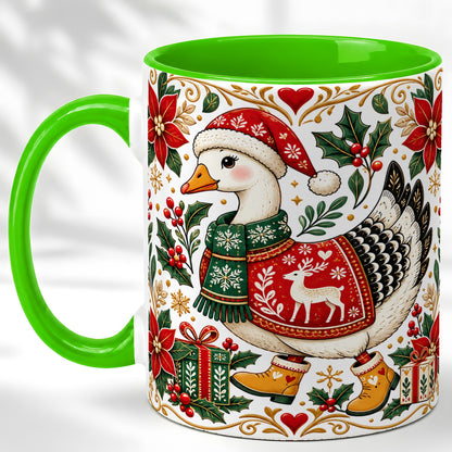 #pl[11oz|Green] Christmas Goose Coffee Mug, Festive Farm Animal Mug, Ceramic Cup