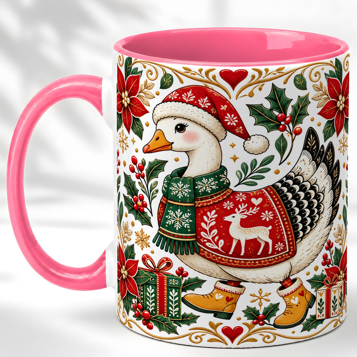 #pl[11oz|Pink] Christmas Goose Coffee Mug, Festive Farm Animal Mug, Ceramic Cup