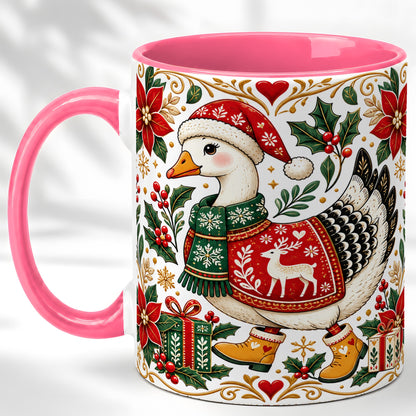 #pl[11oz|Pink] Christmas Goose Coffee Mug, Festive Farm Animal Mug, Ceramic Cup