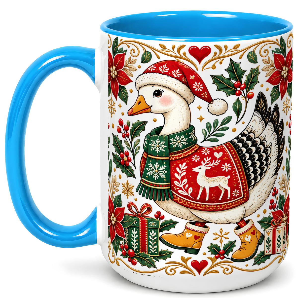 #pl[15oz|Blue] Christmas Goose Coffee Mug, Festive Farm Animal Mug, Ceramic Cup