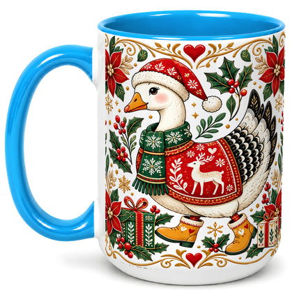 #pl[15oz|Blue] Christmas Goose Coffee Mug, Festive Farm Animal Mug, Ceramic Cup