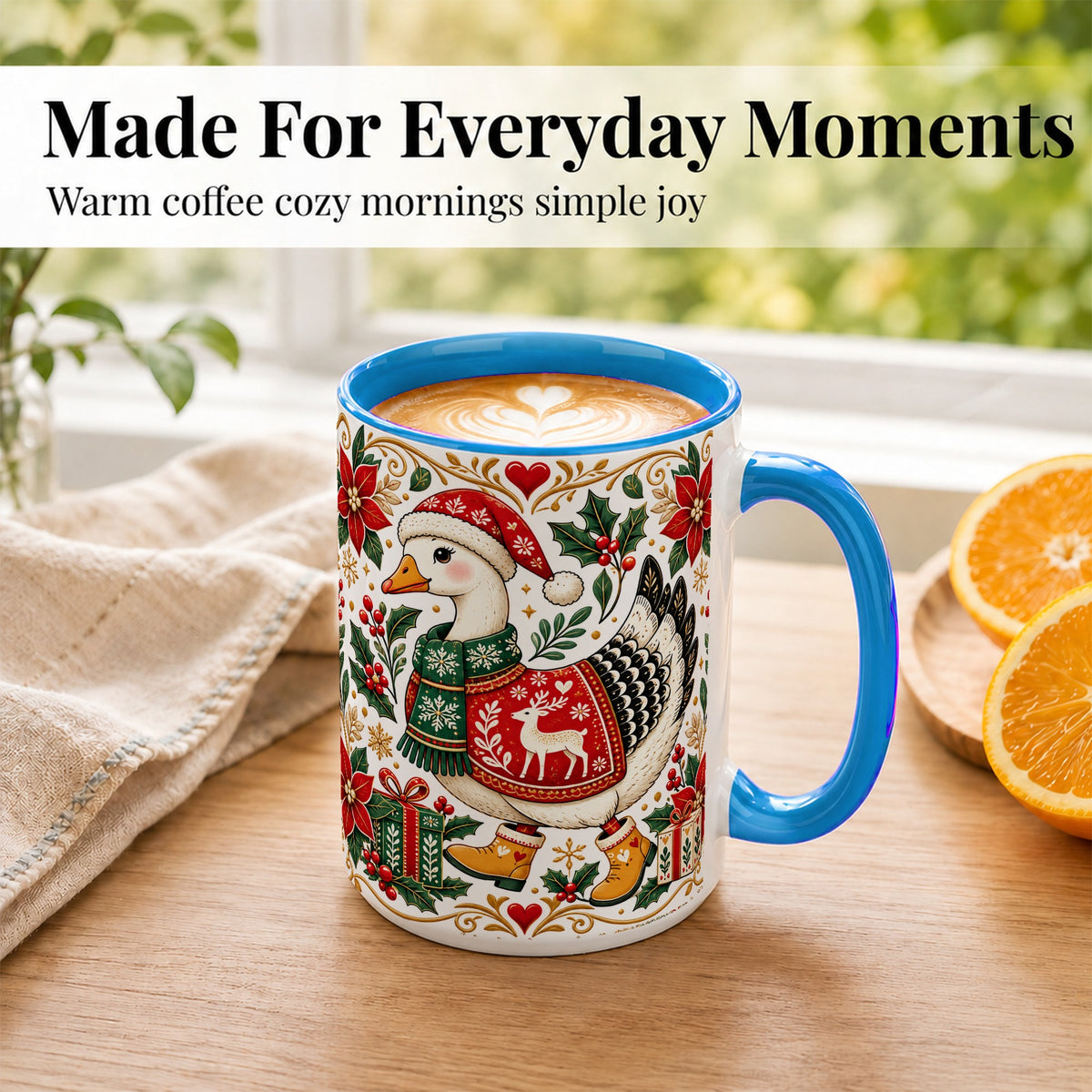#pl[15oz|Blue] Christmas Goose Coffee Mug, Festive Farm Animal Mug, Ceramic Cup