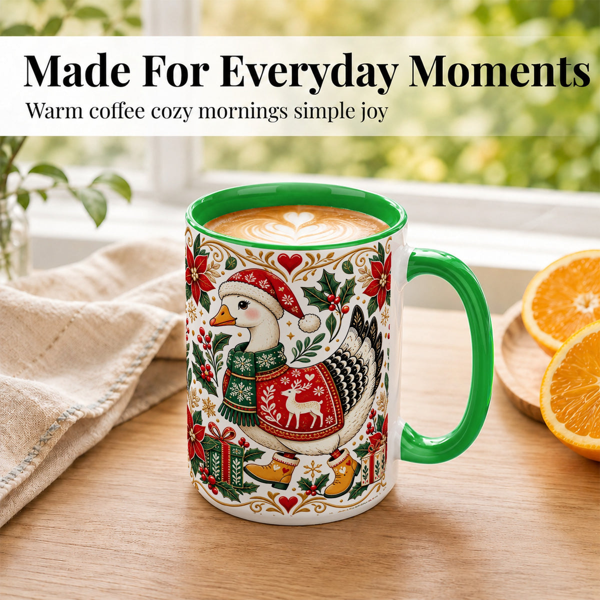 #pl[15oz|Green] Christmas Goose Coffee Mug, Festive Farm Animal Mug, Ceramic Cup