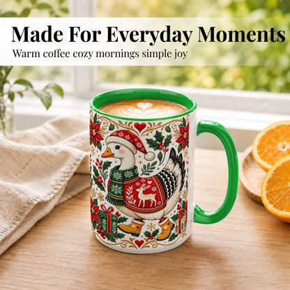 #pl[15oz|Green] Christmas Goose Coffee Mug, Festive Farm Animal Mug, Ceramic Cup