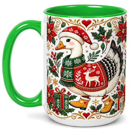 #pl[15oz|Green] Christmas Goose Coffee Mug, Festive Farm Animal Mug, Ceramic Cup