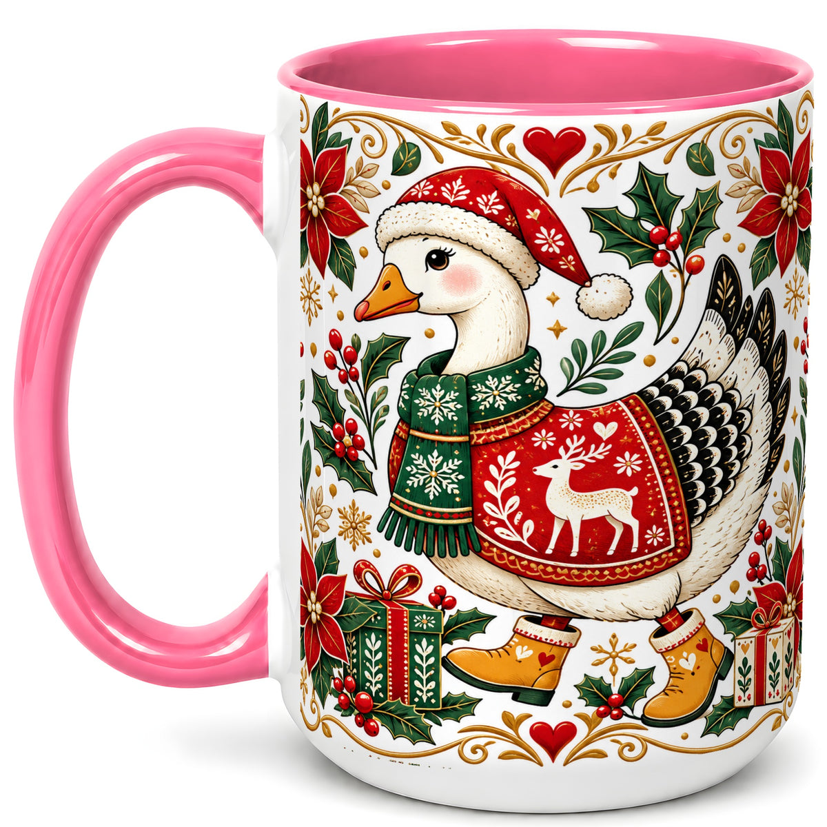 #pl[15oz|Pink] Christmas Goose Coffee Mug, Festive Farm Animal Mug, Ceramic Cup