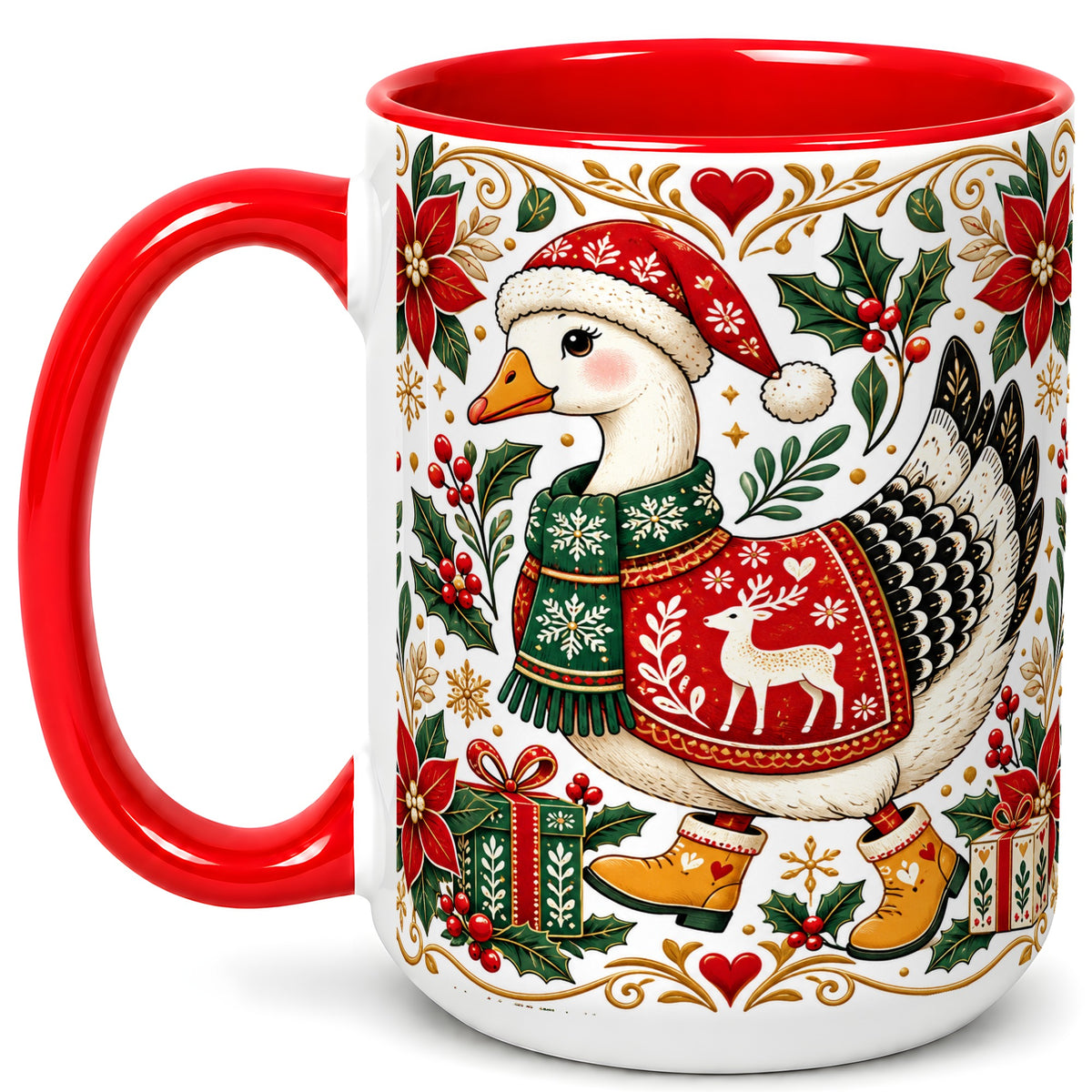#pl[15oz|Red] Christmas Goose Coffee Mug, Festive Farm Animal Mug, Ceramic Cup