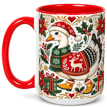#pl[15oz|Red] Christmas Goose Coffee Mug, Festive Farm Animal Mug, Ceramic Cup