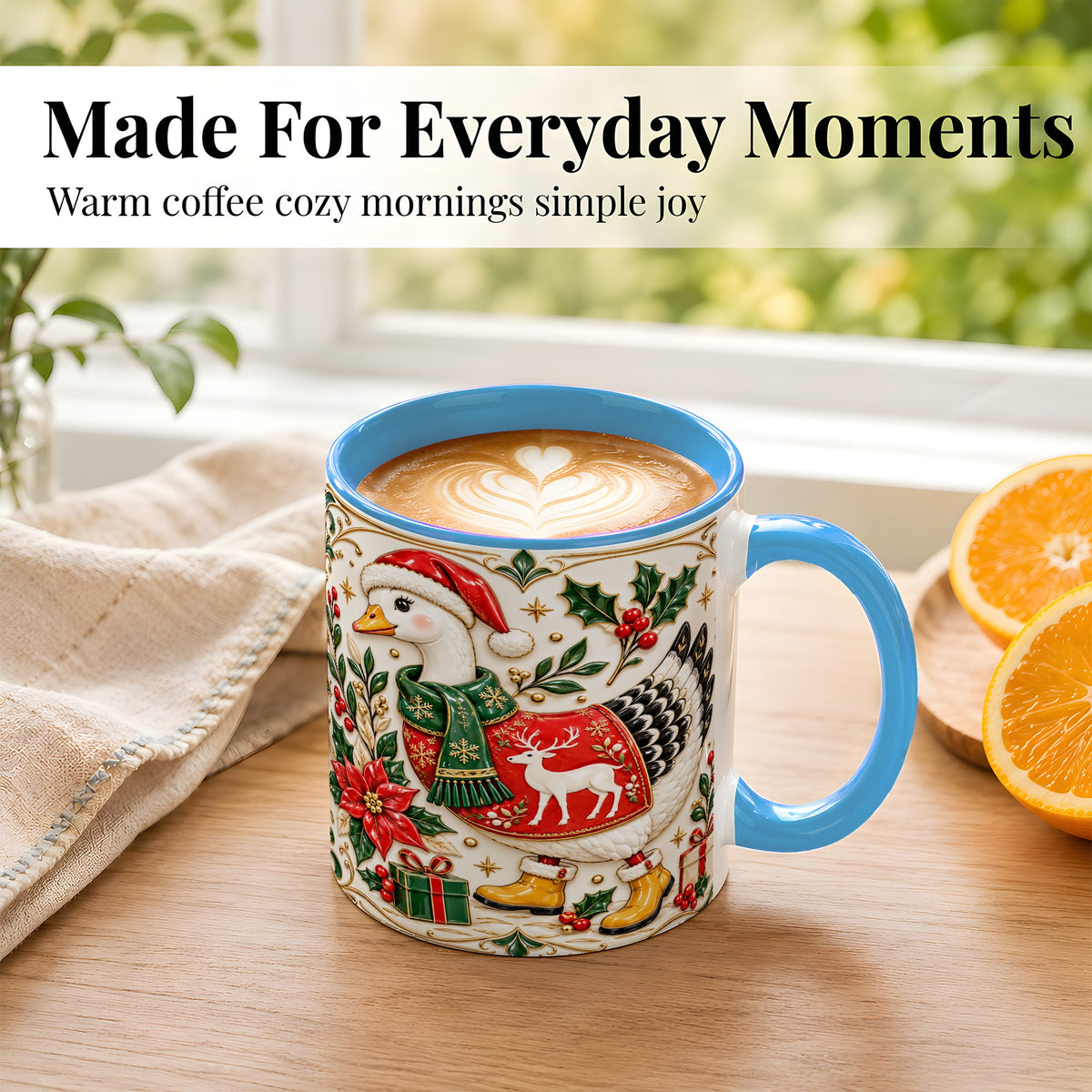 #pl[11oz|Blue] Christmas Goose Coffee Mug, Porcelain Style Holiday Mug, Ceramic Cup