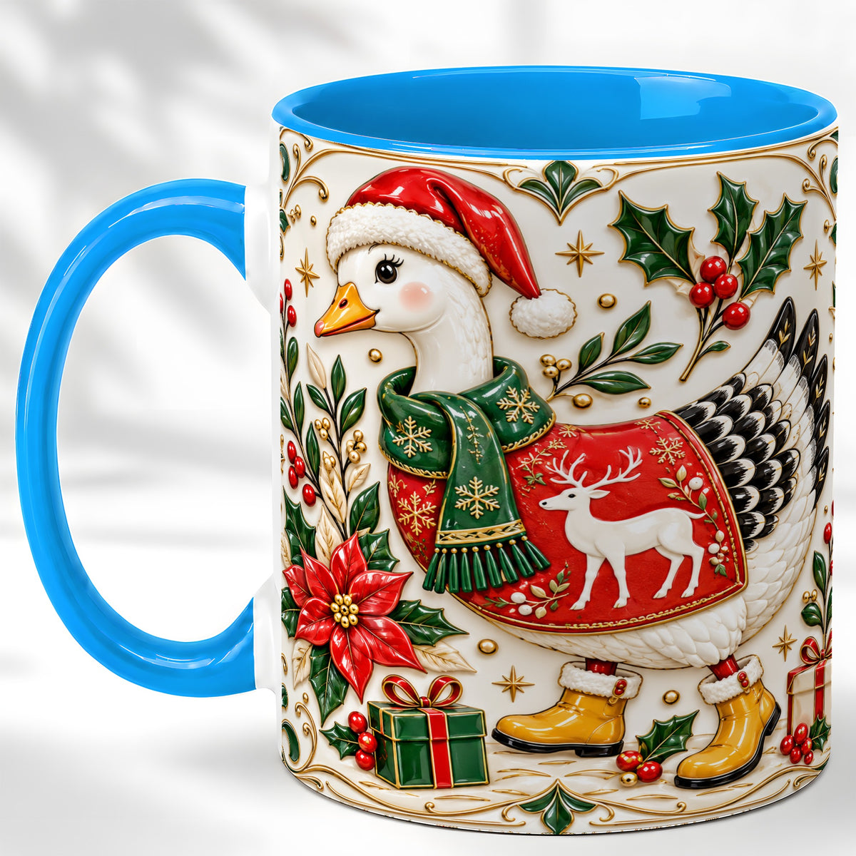 #pl[11oz|Blue] Christmas Goose Coffee Mug, Porcelain Style Holiday Mug, Ceramic Cup