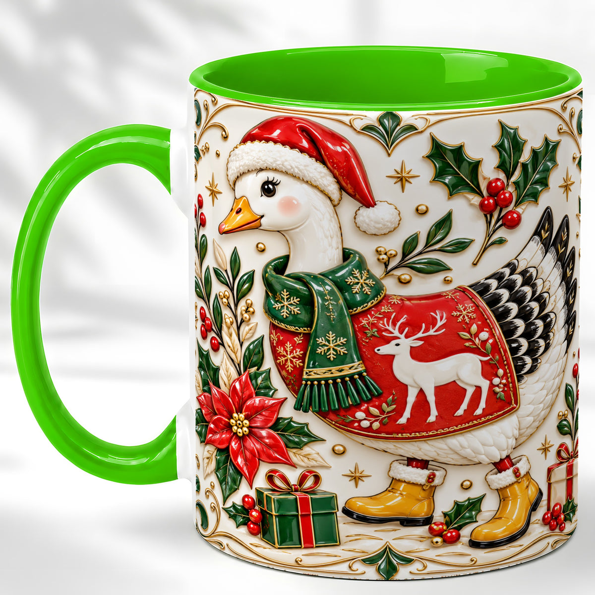 #pl[11oz|Green] Christmas Goose Coffee Mug, Porcelain Style Holiday Mug, Ceramic Cup