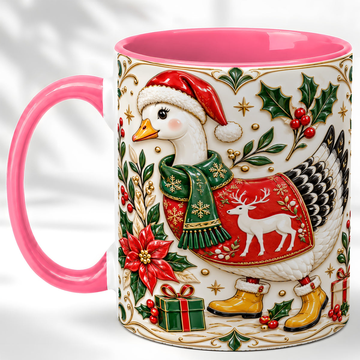 #pl[11oz|Pink] Christmas Goose Coffee Mug, Porcelain Style Holiday Mug, Ceramic Cup