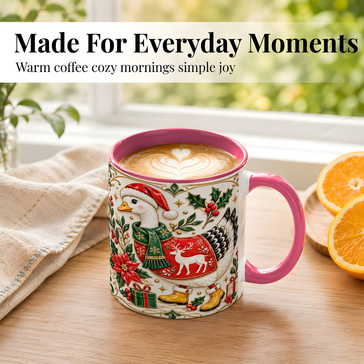 #pl[11oz|Pink] Christmas Goose Coffee Mug, Porcelain Style Holiday Mug, Ceramic Cup