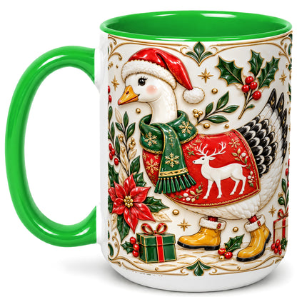 #pl[15oz|Green] Christmas Goose Coffee Mug, Porcelain Style Holiday Mug, Ceramic Cup