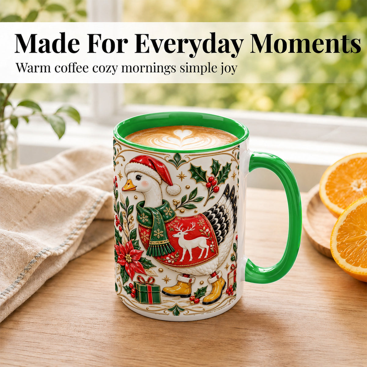 #pl[15oz|Green] Christmas Goose Coffee Mug, Porcelain Style Holiday Mug, Ceramic Cup