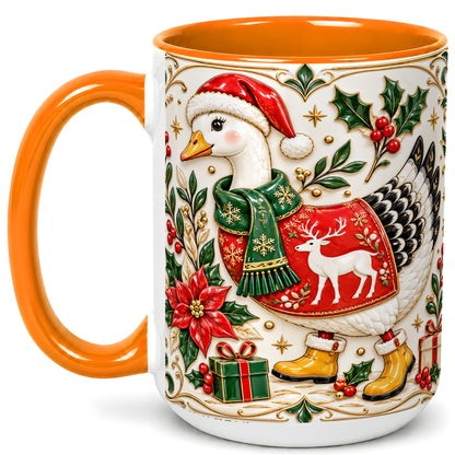 #pl[15oz|Orange] Christmas Goose Coffee Mug, Porcelain Style Holiday Mug, Ceramic Cup