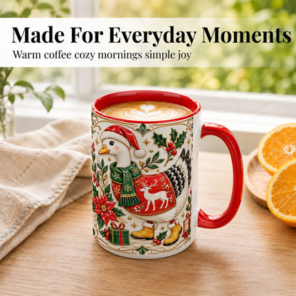 #pl[15oz|Red] Christmas Goose Coffee Mug, Porcelain Style Holiday Mug, Ceramic Cup
