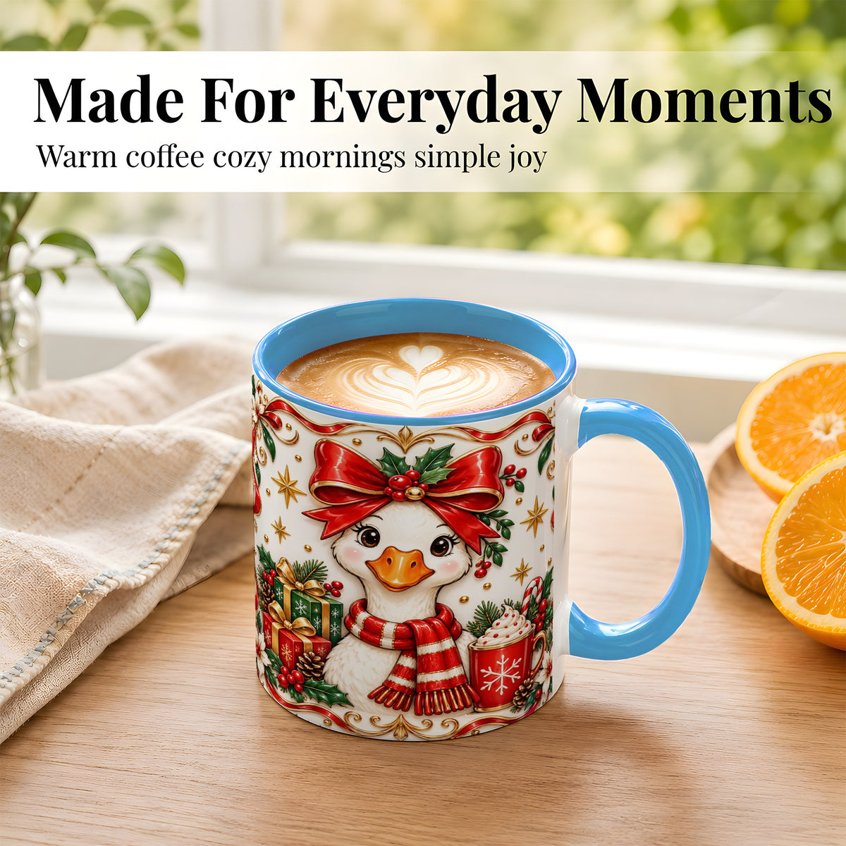 #pl[11oz|Blue] Christmas Goose Coffee Mug, Red Bow Holiday Mug, Ceramic Cup