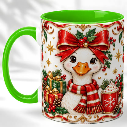 #pl[11oz|Green] Christmas Goose Coffee Mug, Red Bow Holiday Mug, Ceramic Cup