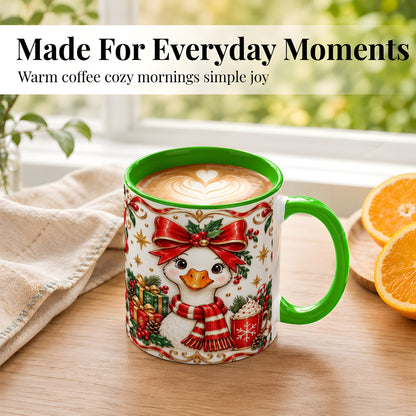 #pl[11oz|Green] Christmas Goose Coffee Mug, Red Bow Holiday Mug, Ceramic Cup