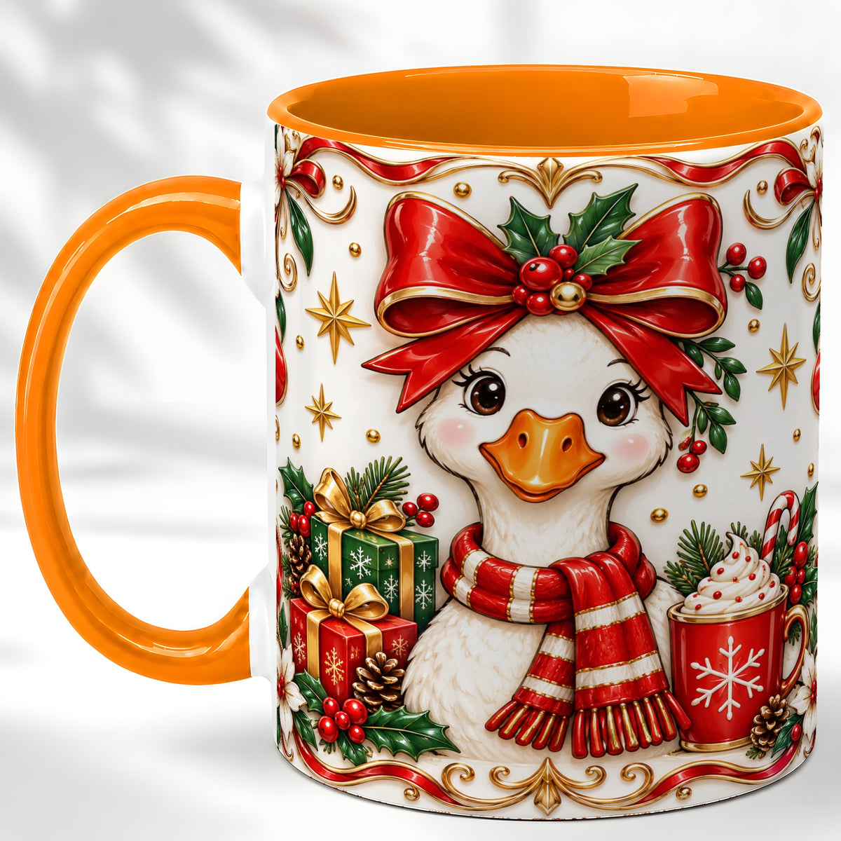 #pl[11oz|Orange] Christmas Goose Coffee Mug, Red Bow Holiday Mug, Ceramic Cup