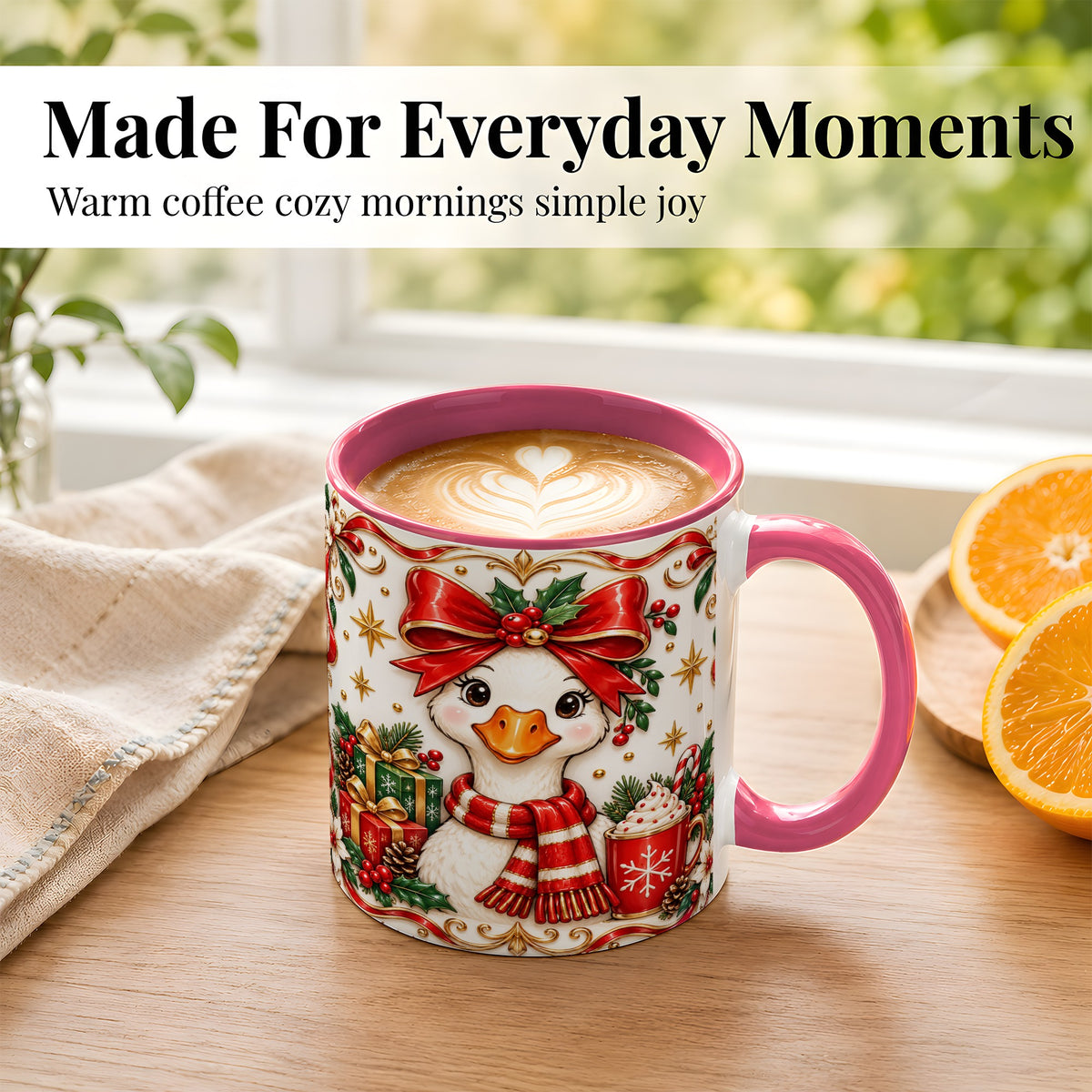 #pl[11oz|Pink] Christmas Goose Coffee Mug, Red Bow Holiday Mug, Ceramic Cup