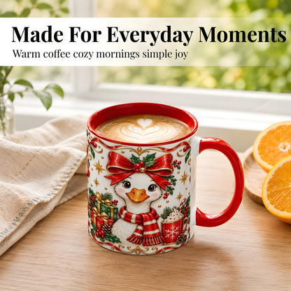 #pl[11oz|Red] Christmas Goose Coffee Mug, Red Bow Holiday Mug, Ceramic Cup