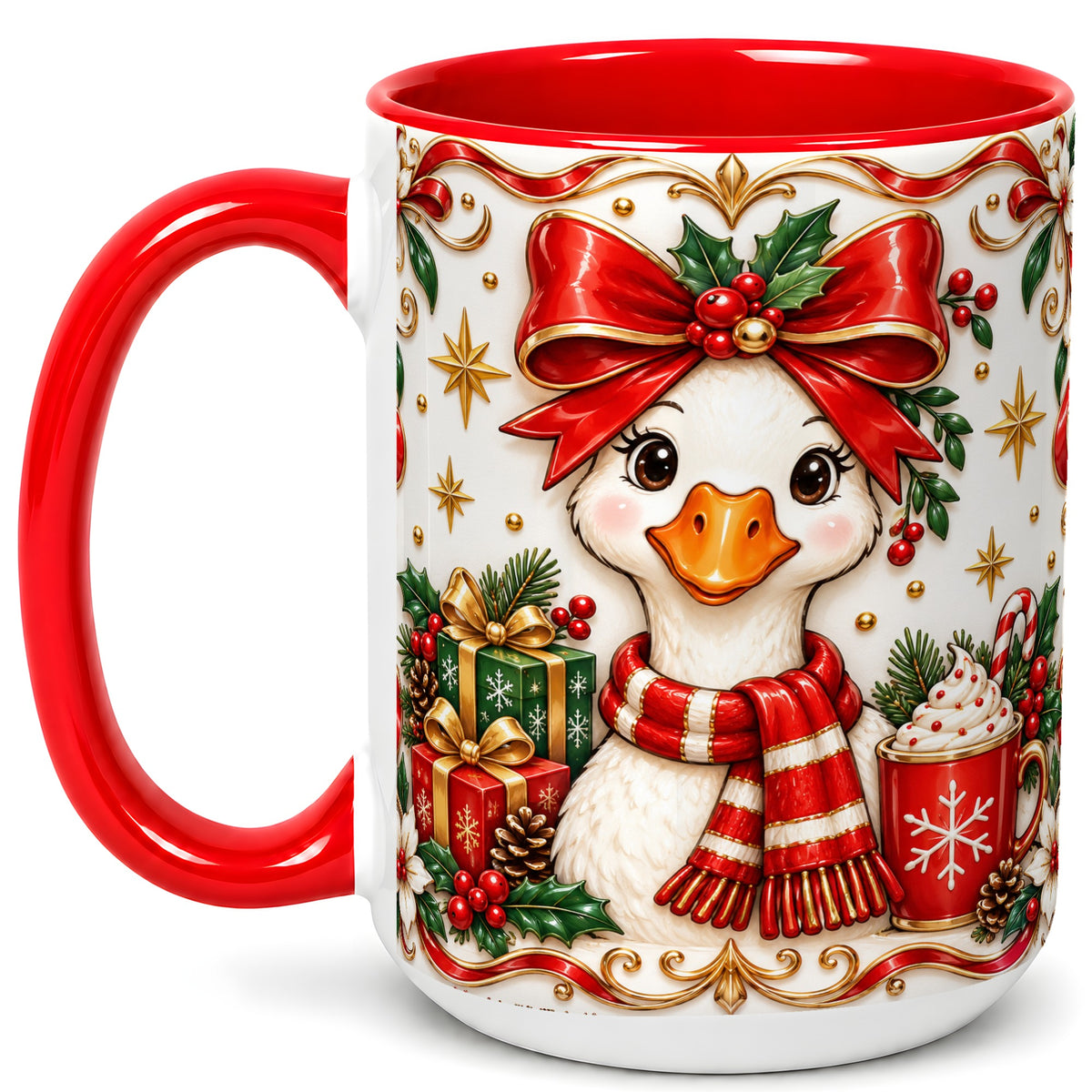 #pl[15oz|Red] Christmas Goose Coffee Mug, Red Bow Holiday Mug, Ceramic Cup
