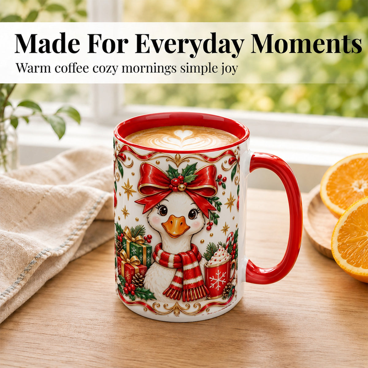 #pl[15oz|Red] Christmas Goose Coffee Mug, Red Bow Holiday Mug, Ceramic Cup