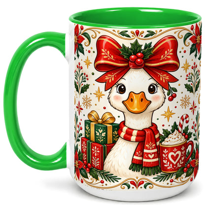 #pl[15oz|Green] Christmas Goose Coffee Mug, Folk Art Holiday Mug, Ceramic Cup