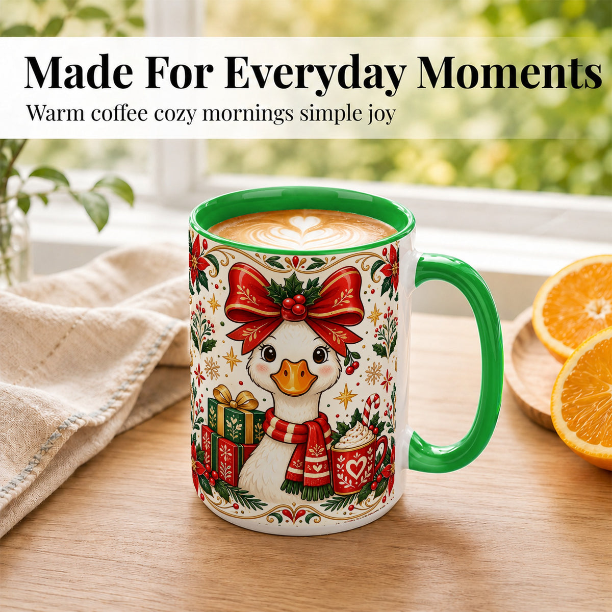 #pl[15oz|Green] Christmas Goose Coffee Mug, Folk Art Holiday Mug, Ceramic Cup