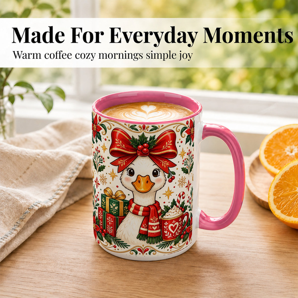 #pl[15oz|Pink] Christmas Goose Coffee Mug, Folk Art Holiday Mug, Ceramic Cup