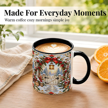 #pl[11oz|Black] Christmas Garden Gate Coffee Mug, Winter Lantern Mug, Ceramic Cup
