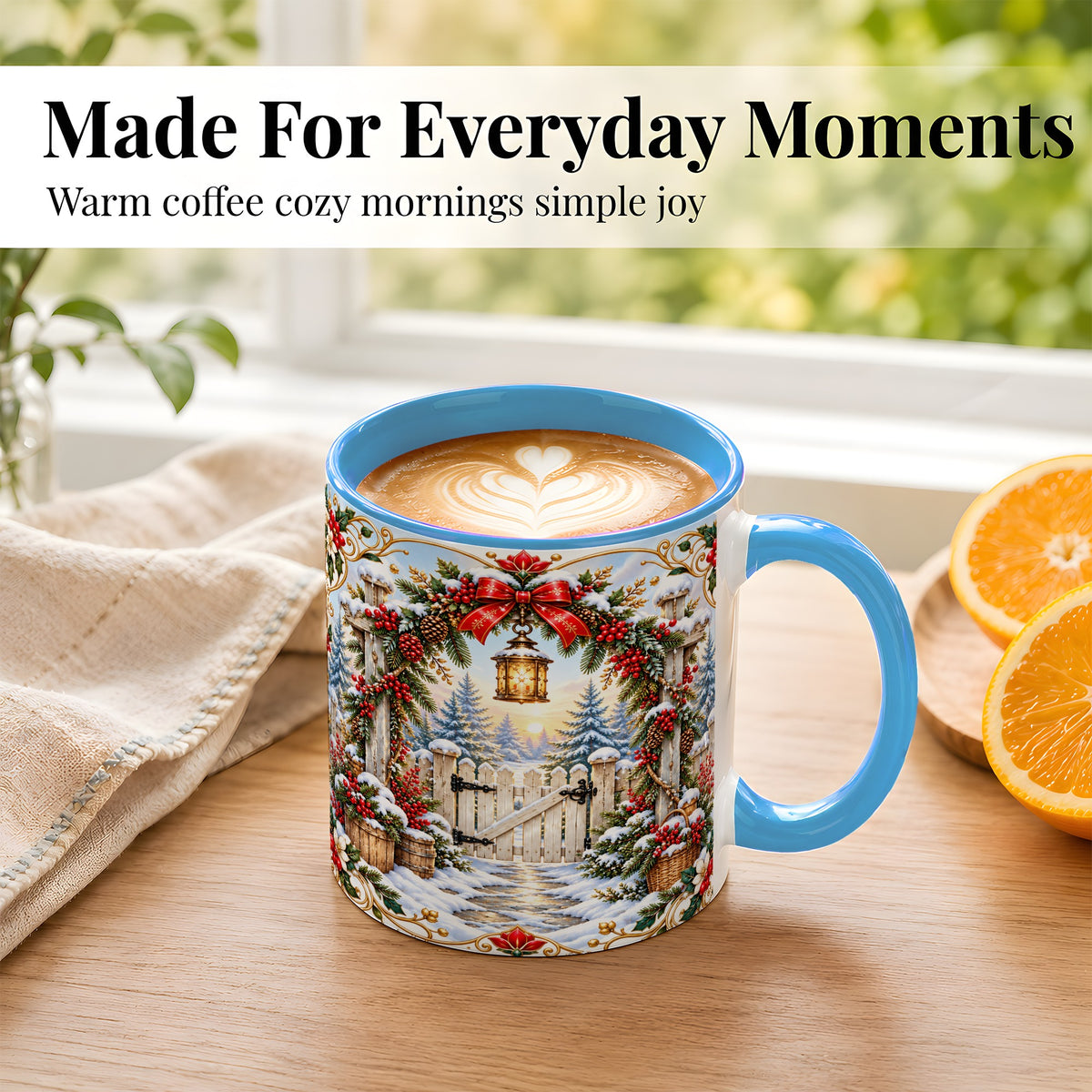 #pl[11oz|Blue] Christmas Garden Gate Coffee Mug, Winter Lantern Mug, Ceramic Cup