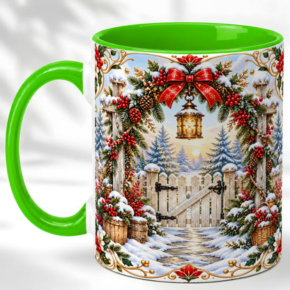 #pl[11oz|Green] Christmas Garden Gate Coffee Mug, Winter Lantern Mug, Ceramic Cup
