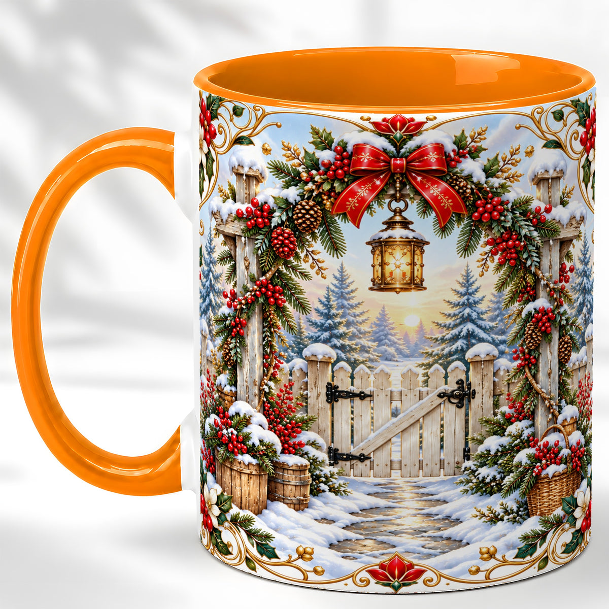 #pl[11oz|Orange] Christmas Garden Gate Coffee Mug, Winter Lantern Mug, Ceramic Cup