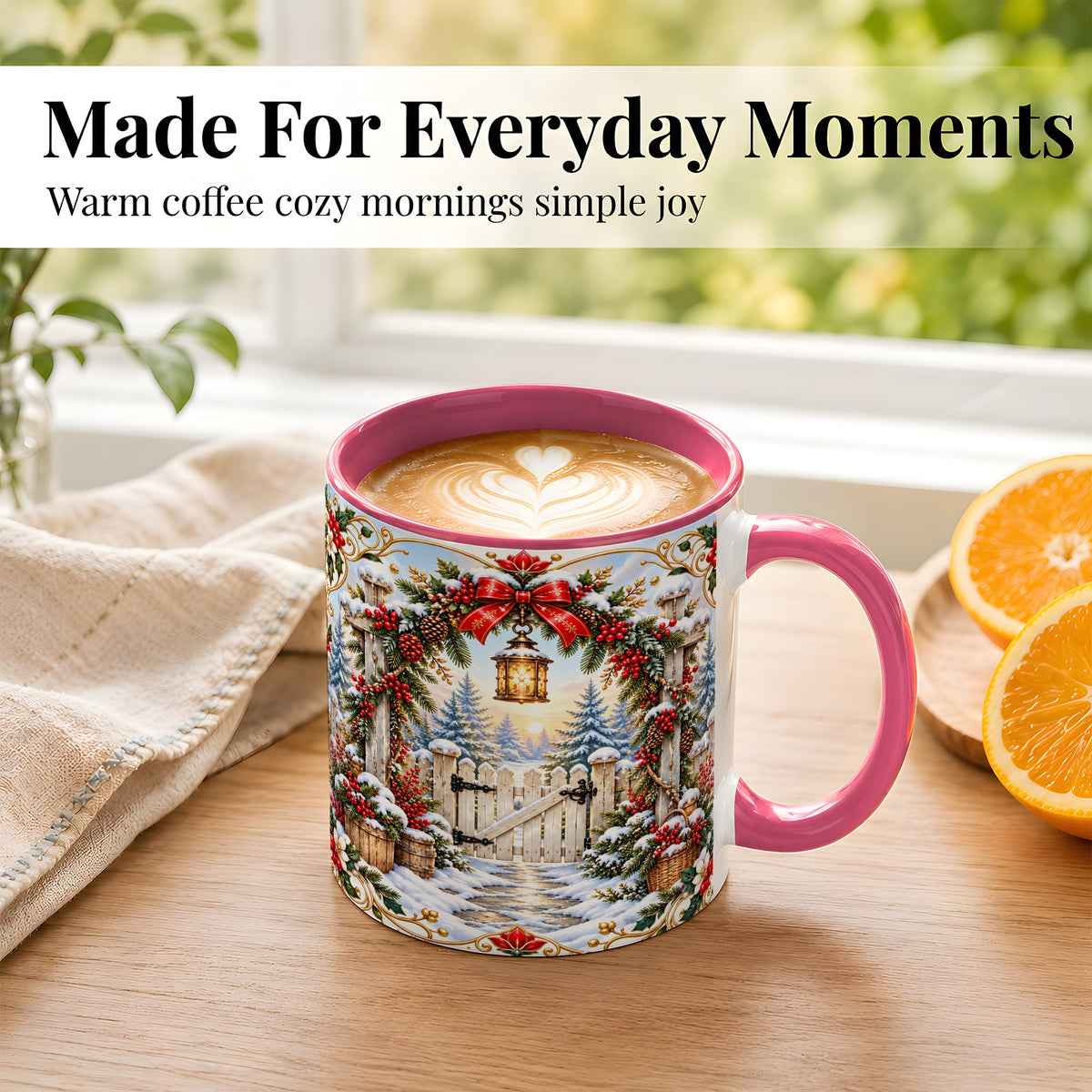 #pl[11oz|Pink] Christmas Garden Gate Coffee Mug, Winter Lantern Mug, Ceramic Cup