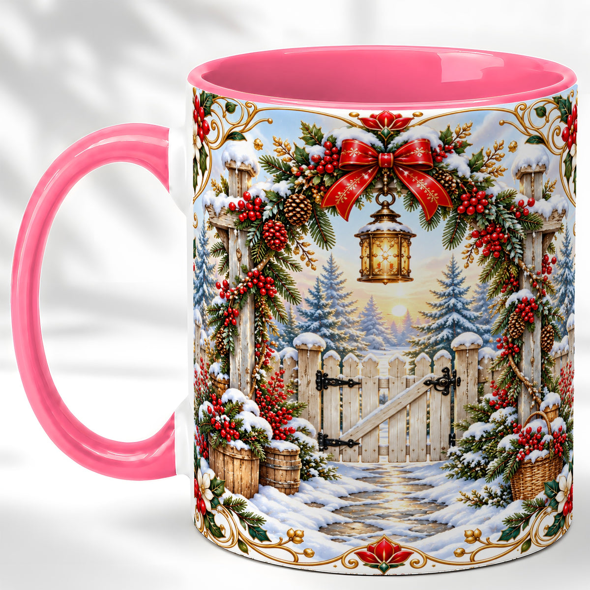 #pl[11oz|Pink] Christmas Garden Gate Coffee Mug, Winter Lantern Mug, Ceramic Cup