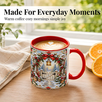 #pl[11oz|Red] Christmas Garden Gate Coffee Mug, Winter Lantern Mug, Ceramic Cup