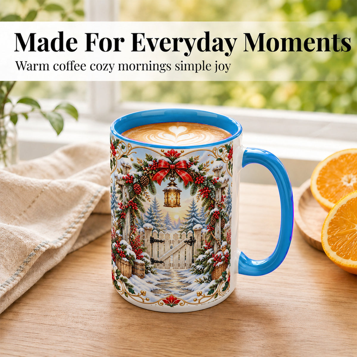 #pl[15oz|Blue] Christmas Garden Gate Coffee Mug, Winter Lantern Mug, Ceramic Cup