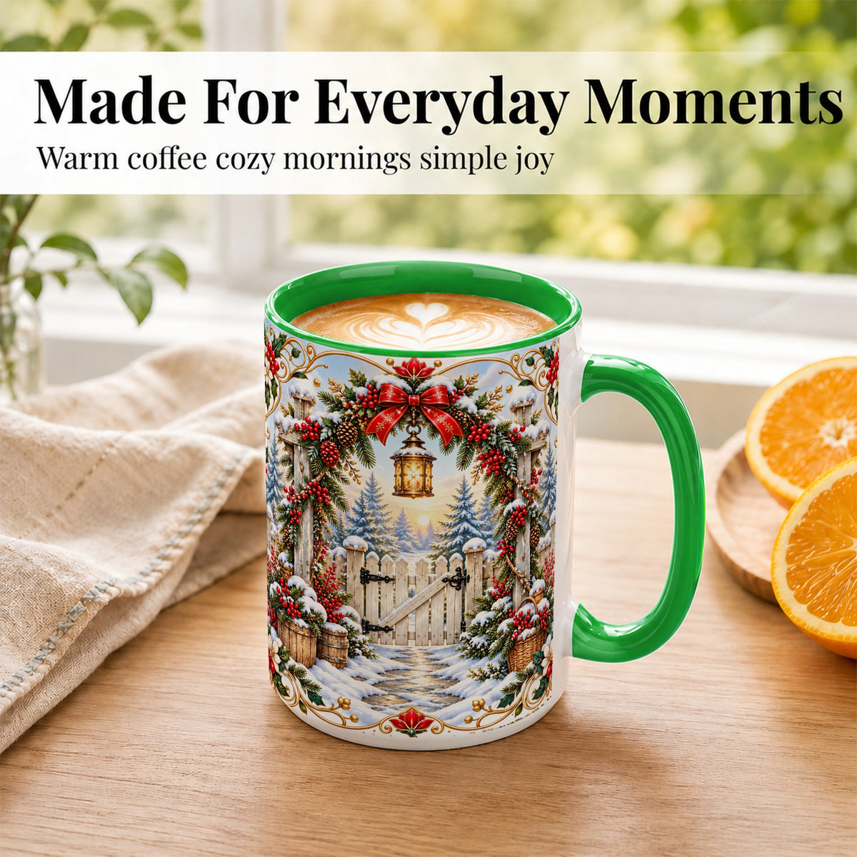 #pl[15oz|Green] Christmas Garden Gate Coffee Mug, Winter Lantern Mug, Ceramic Cup