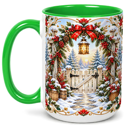 #pl[15oz|Green] Christmas Garden Gate Coffee Mug, Winter Lantern Mug, Ceramic Cup